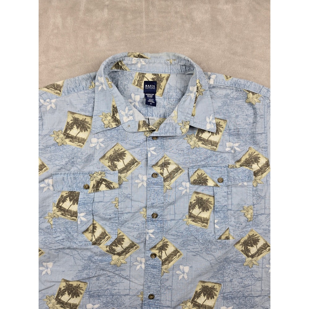 Basic Editions Button Up Shirt Mens‎ 2X Blue Tropical Palm Tree Map Short Sleeve